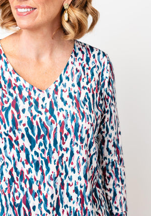 YEW Splash Print V- Neck Top, Blue