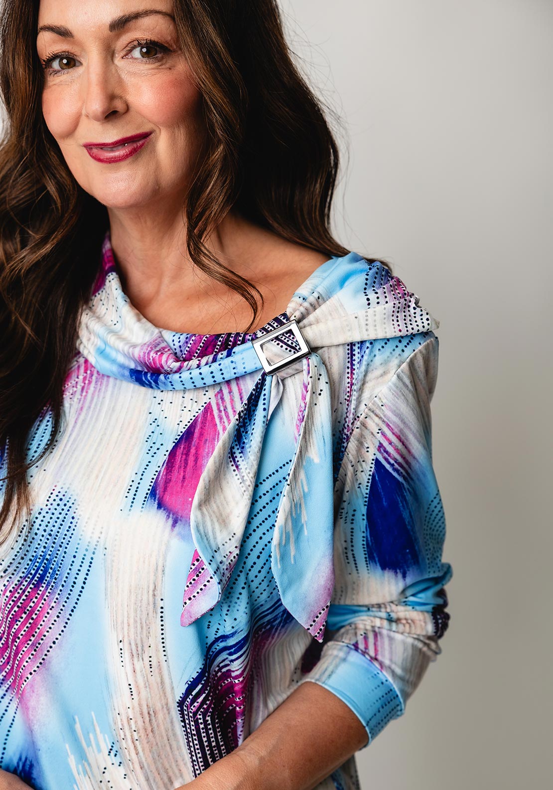 Yew Printed Cowl Neck Top, Blue Multi