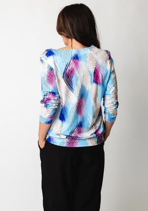 Yew Printed Cowl Neck Top, Blue Multi