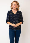Yew V Neck Metallic Print Top, Navy