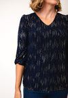 Yew V Neck Metallic Print Top, Navy