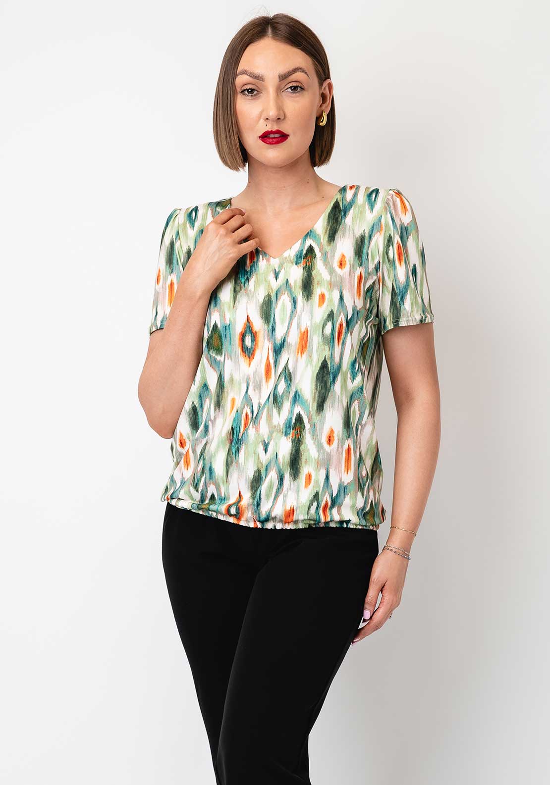 Yew Abstract Print V Neck Top, Green