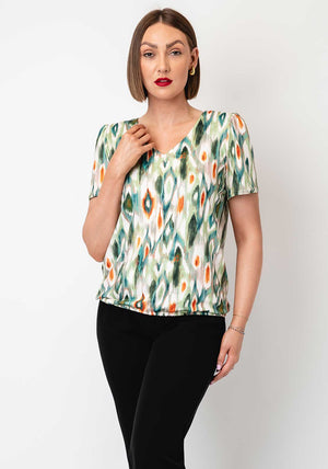 Yew Abstract Print V Neck Top, Green