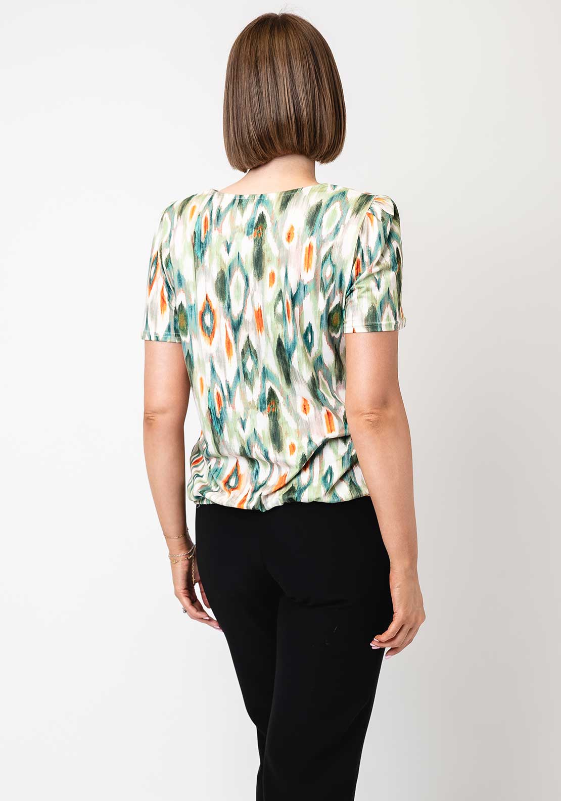 Yew Abstract Print V Neck Top, Green