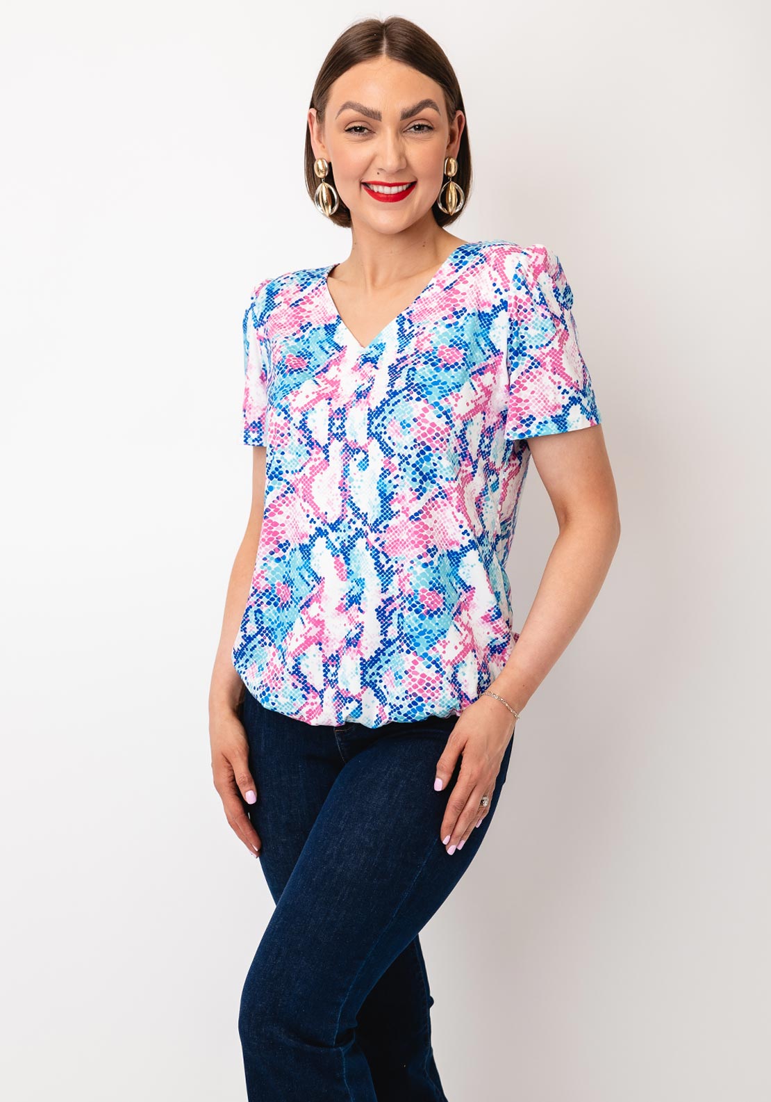 Yew Reptile Print Top, Pink and Blue