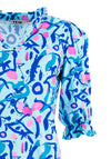 Leon Collection Ruffle Collar Printed Top, Blue Multi