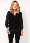 Leon Collection V Neck Sheer Sleeve Top, Black