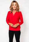 Leon Collection V Neck Sheer Sleeve Top, Red