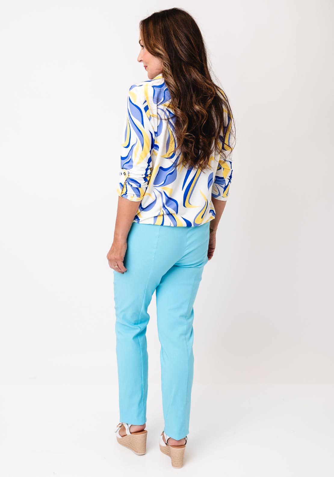 YEW Printed Collar Detail Cropped Sleeve Top, Blue & Yellow