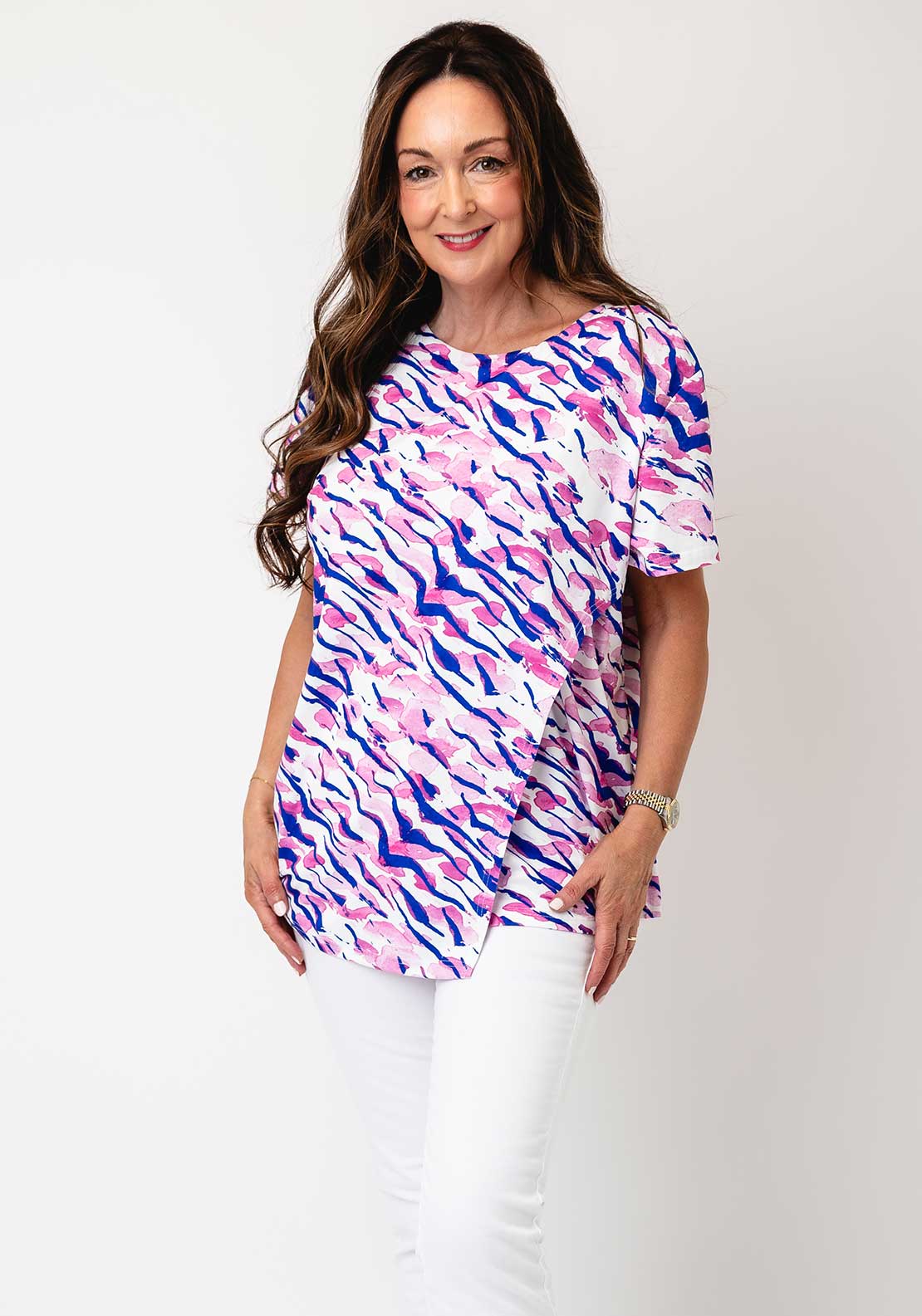Yew Abstract Print Wrap Design Top, Pink