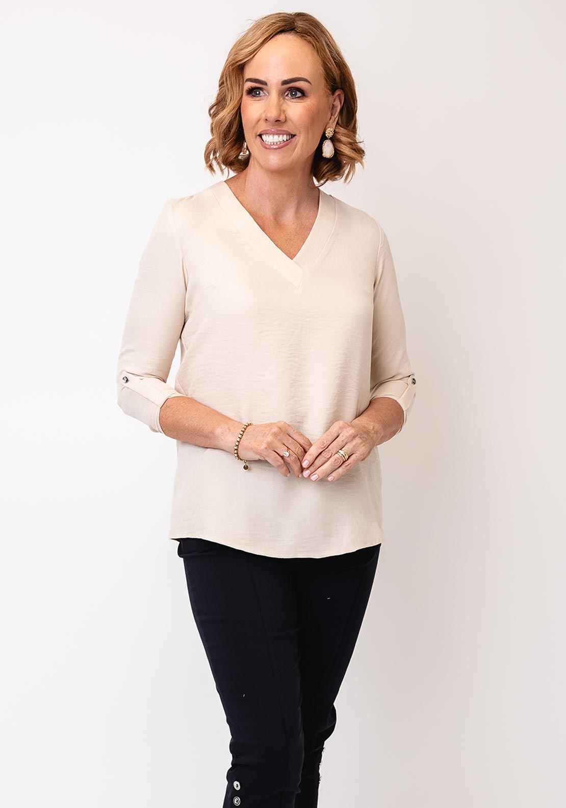Yew V Neck Cropped Sleeve Top, Beige
