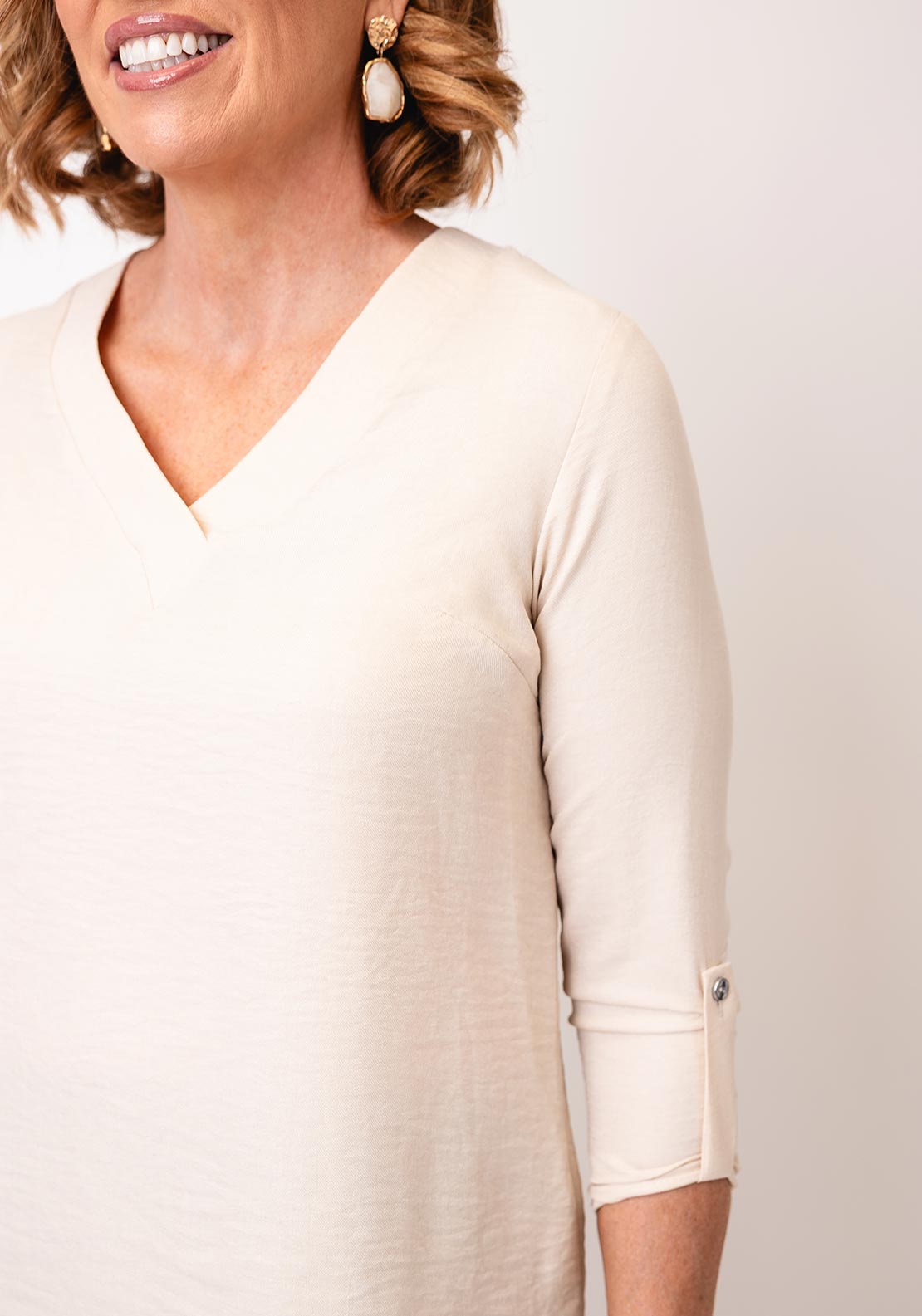 Yew V Neck Cropped Sleeve Top, Beige