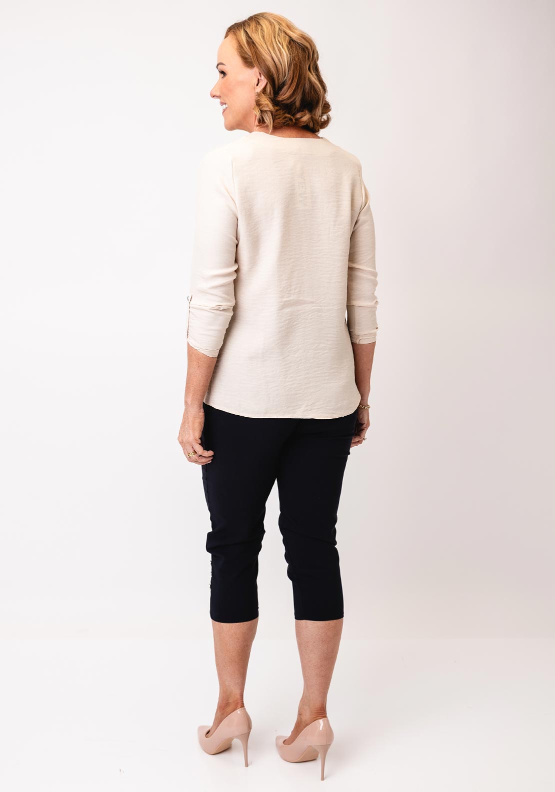 Yew V Neck Cropped Sleeve Top, Beige