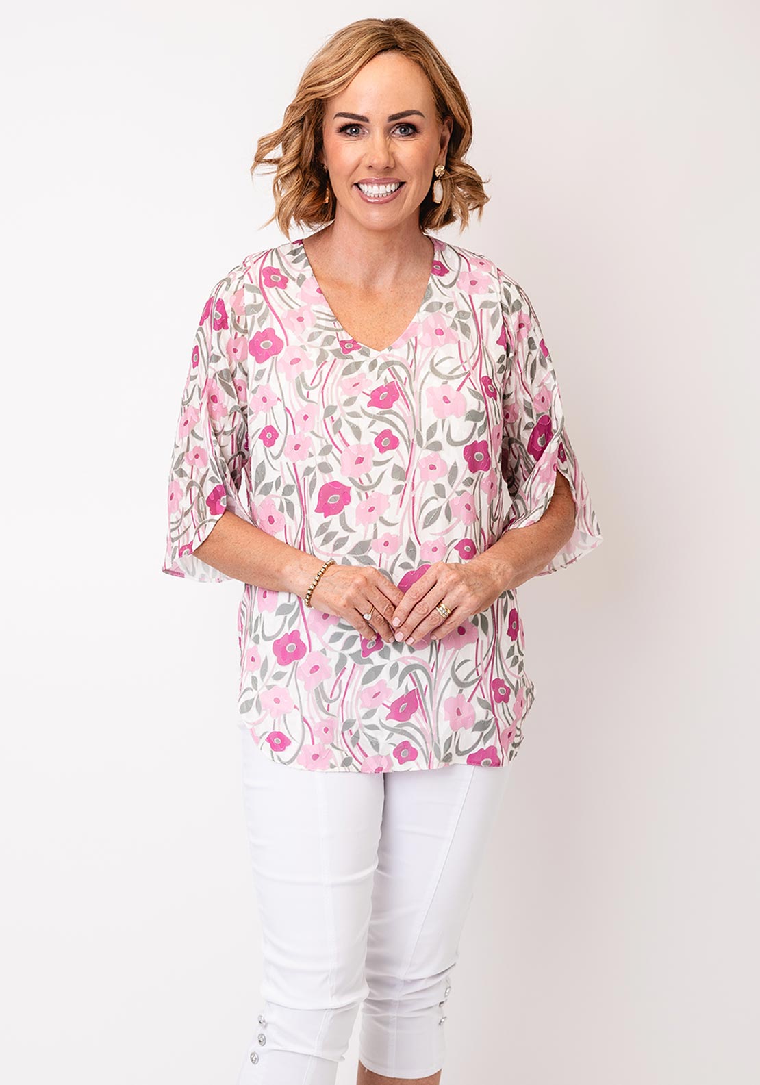Yew Floral Jacquard Chiffon V Neck Top, Pink