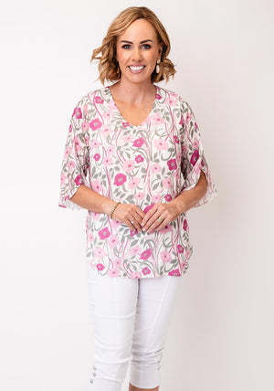 Yew Floral Jacquard Chiffon V Neck Top, Pink