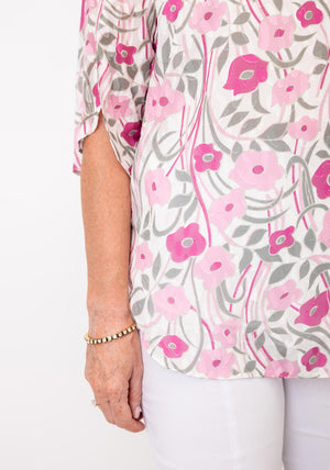 Yew Floral Jacquard Chiffon V Neck Top, Pink