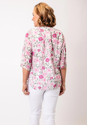 Yew Floral Jacquard Chiffon V Neck Top, Pink