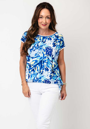 Yew Blurred Print Ribbed Trim Top, Blue & Yellow