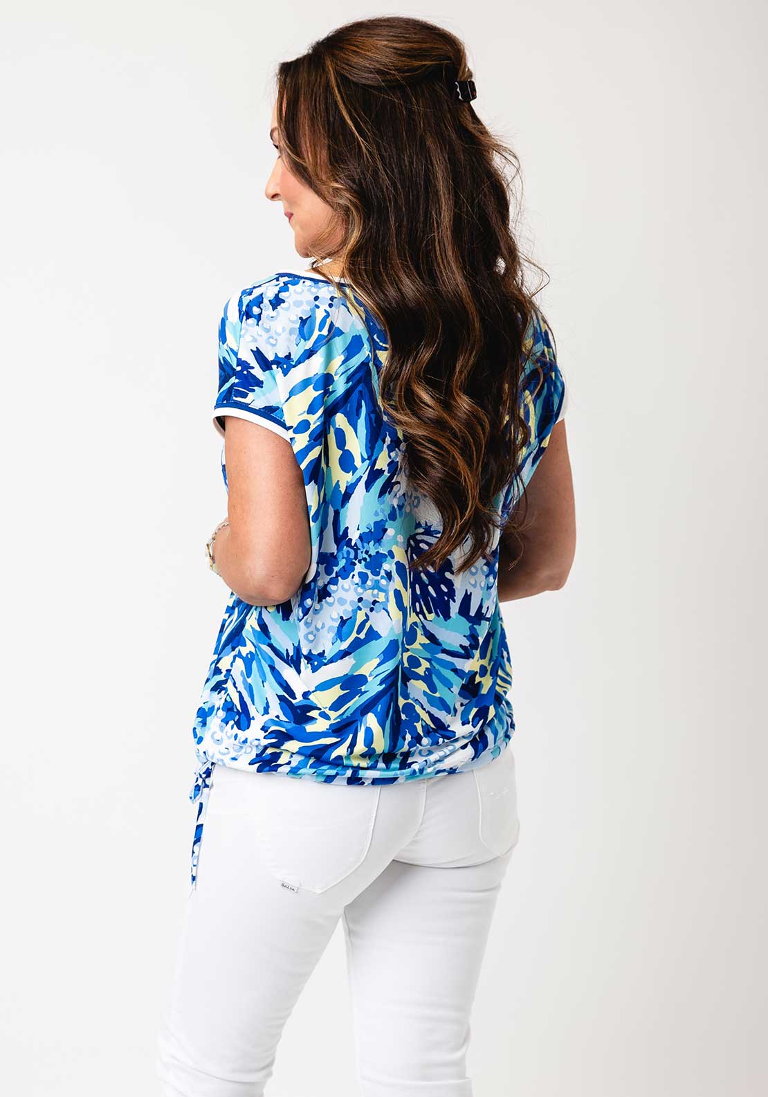 Yew Blurred Print Ribbed Trim Top, Blue & Yellow