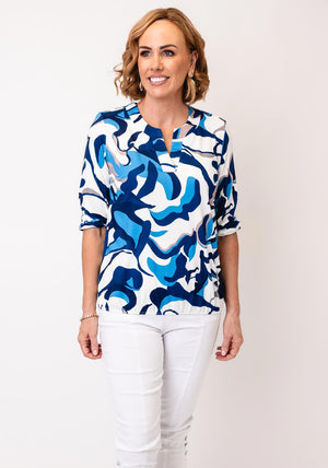 Yew Abstrast Print Cropped Sleeve Blouse, Blue