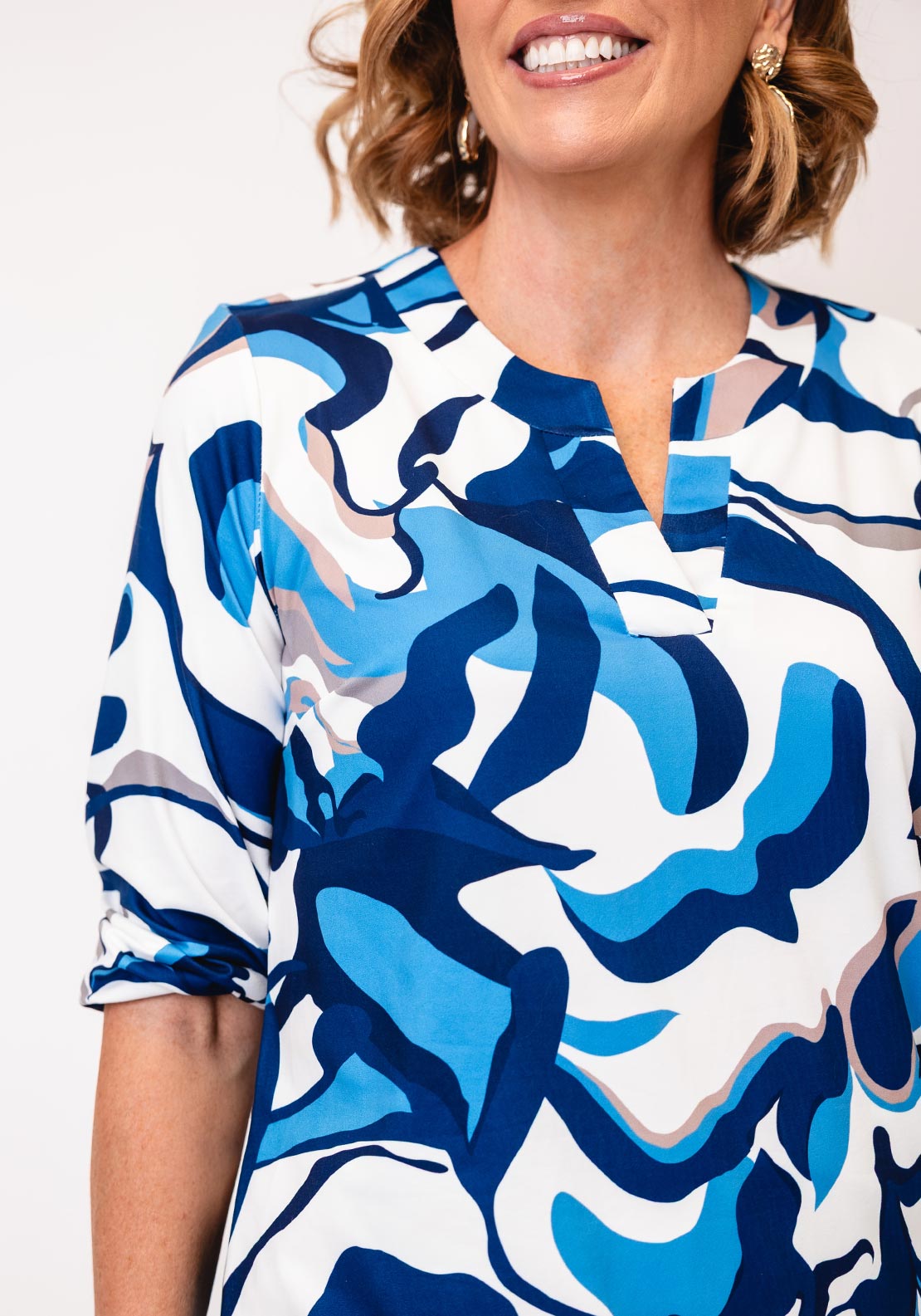 Yew Abstrast Print Cropped Sleeve Blouse, Blue