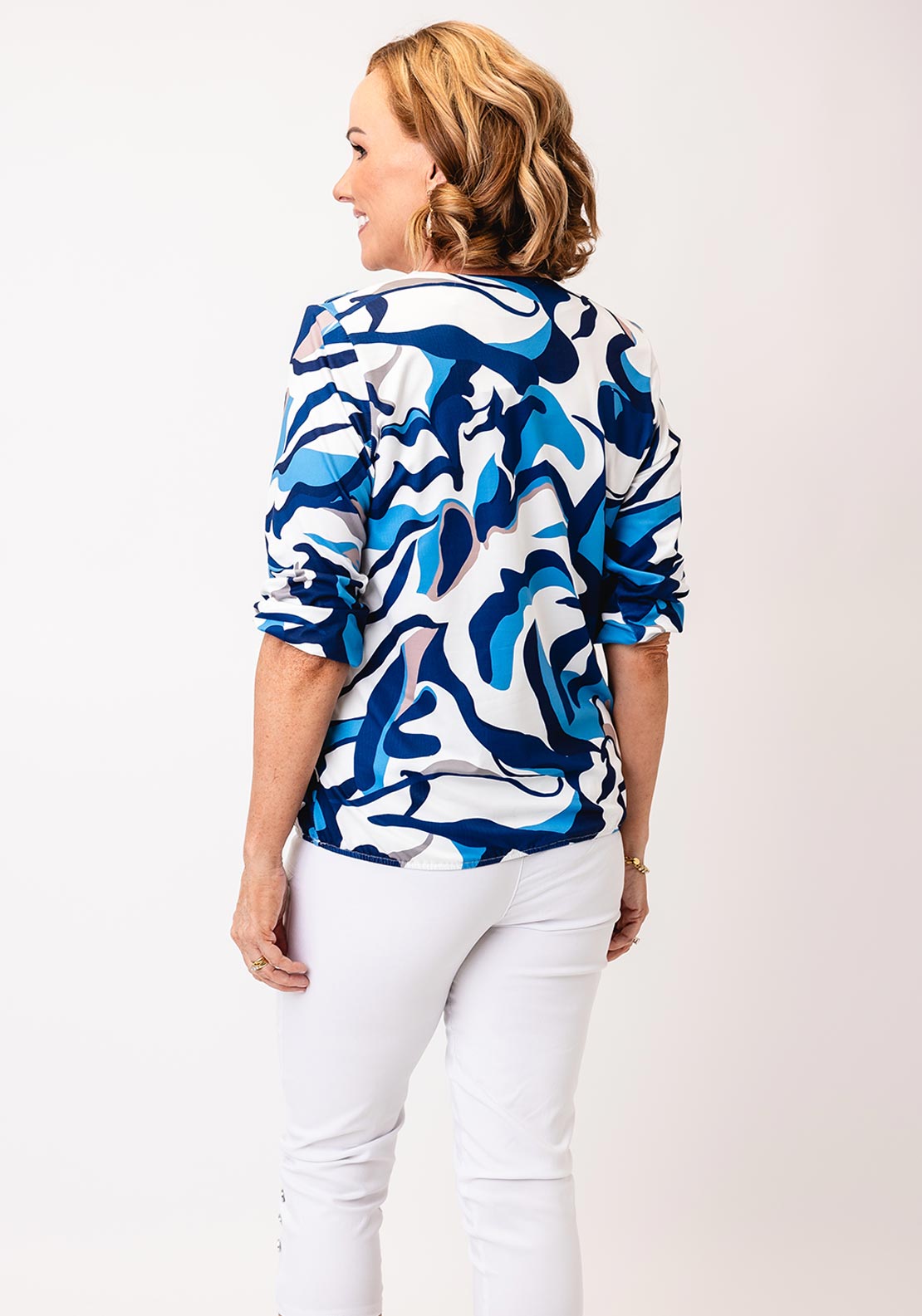Yew Abstrast Print Cropped Sleeve Blouse, Blue