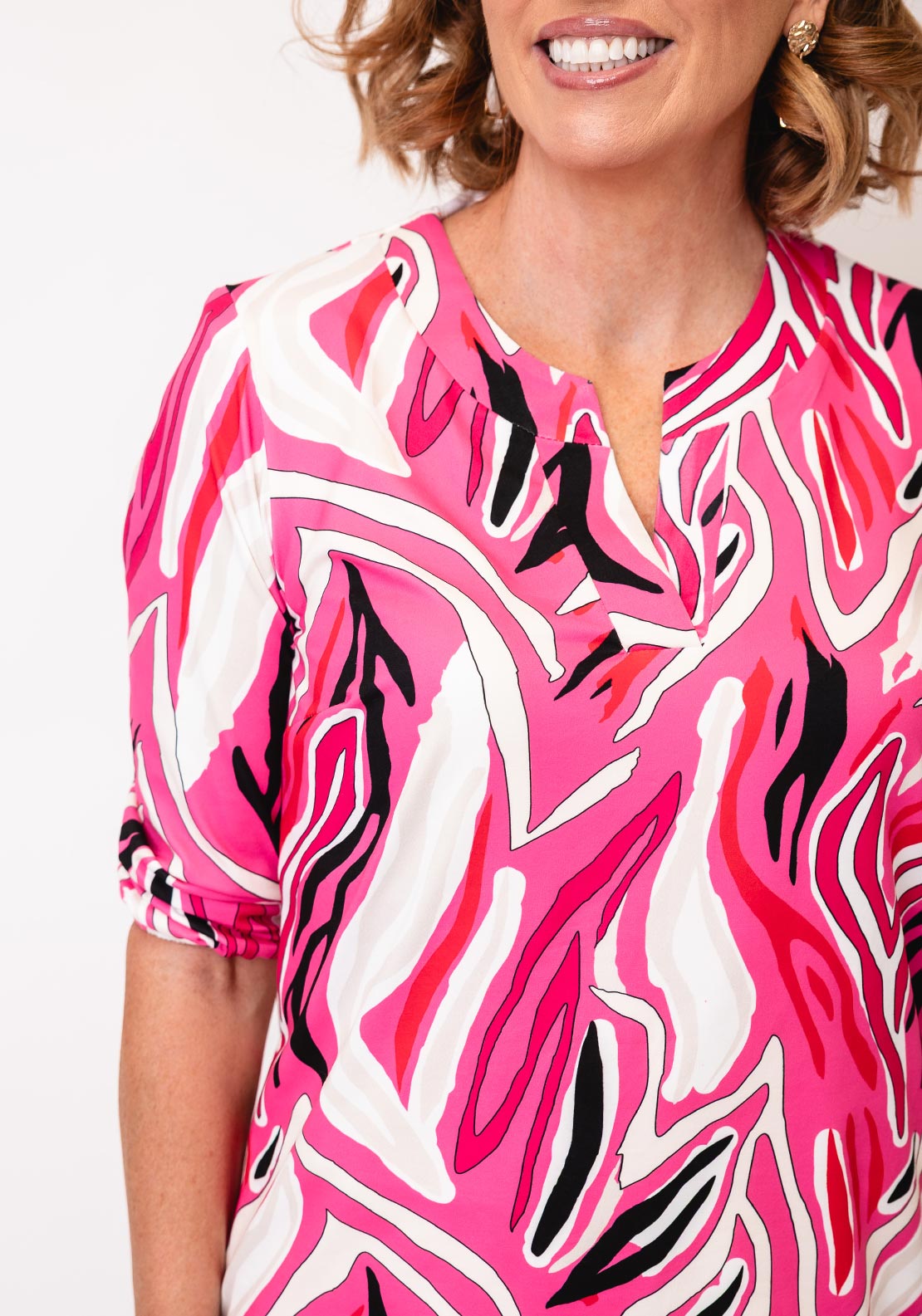 Yew Abstrast Print Cropped Sleeve Blouse, Pink