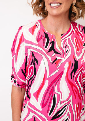 Yew Abstrast Print Cropped Sleeve Blouse, Pink
