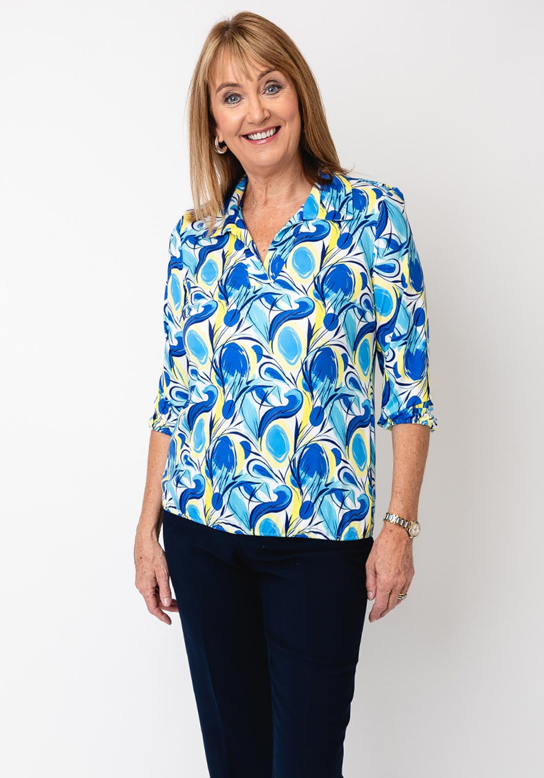 Yew Blurred Print Collar Blouse, Blue and Yellow