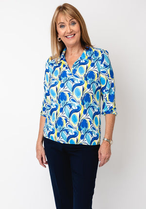 Yew Blurred Print Collar Blouse, Blue and Yellow