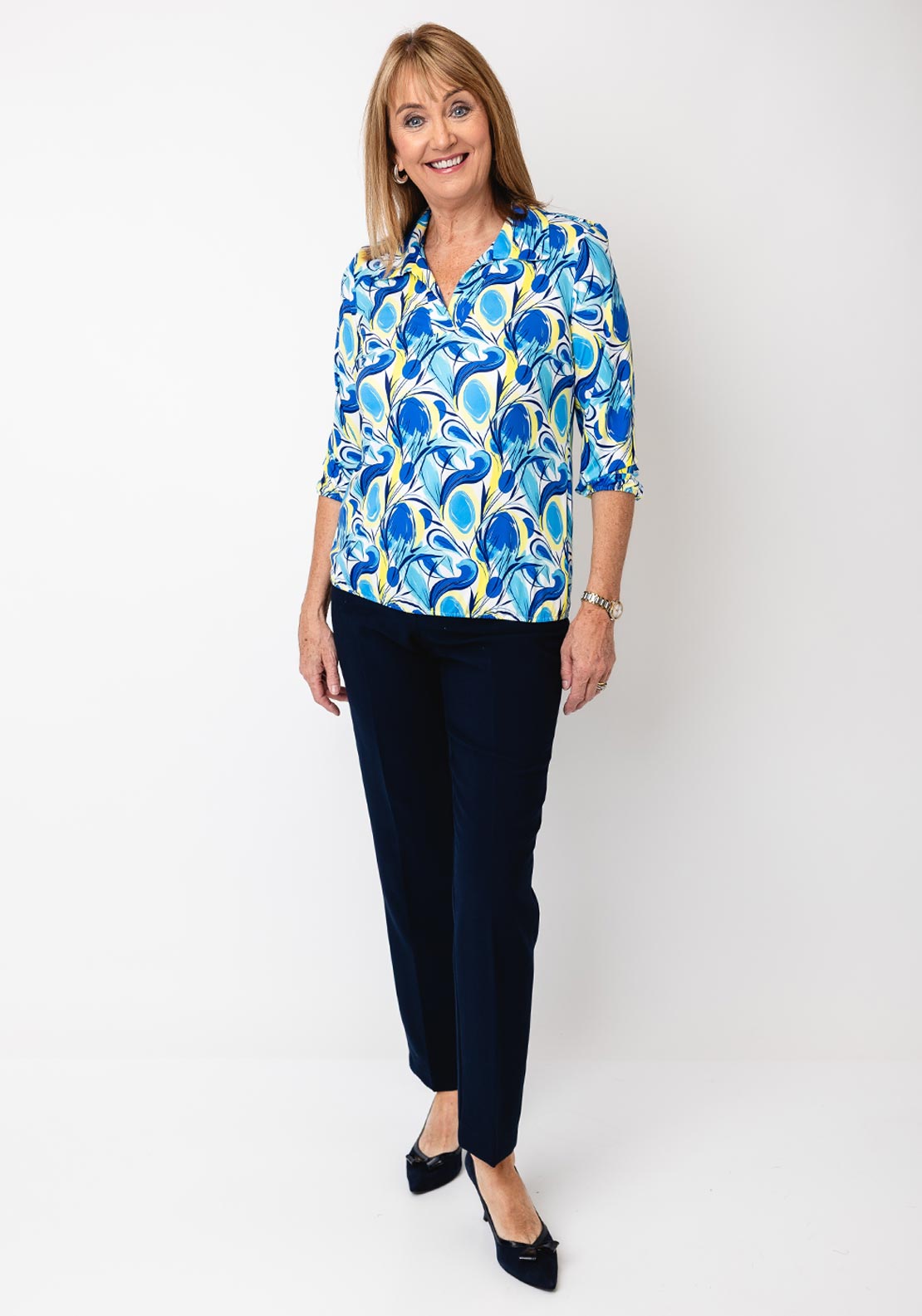 Yew Blurred Print Collar Blouse, Blue and Yellow