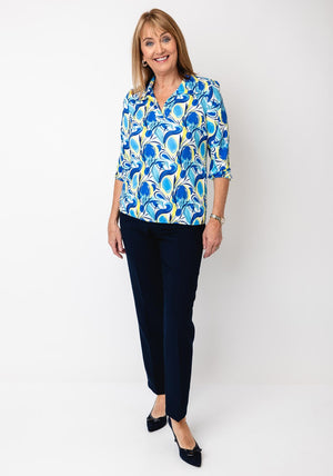 Yew Blurred Print Collar Blouse, Blue and Yellow