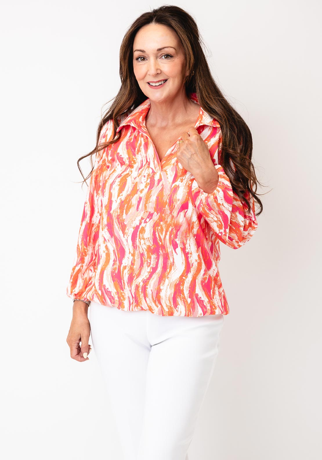 YEW Abstract Print with Collar Blouse, Pink Multi