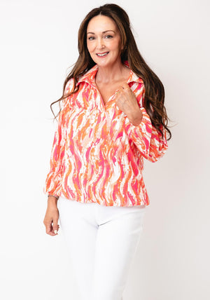 YEW Abstract Print with Collar Blouse, Pink Multi