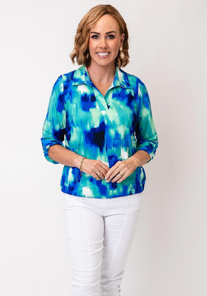 Yew Blurred Print Collar Blouse, Green and Blue