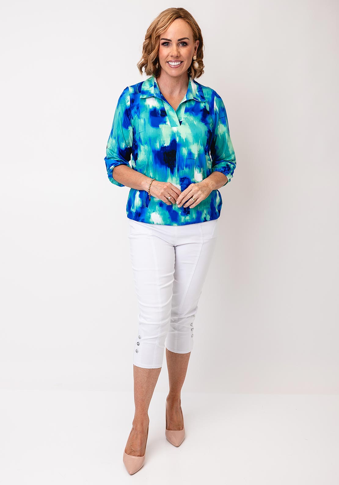 Yew Blurred Print Collar Blouse, Green and Blue