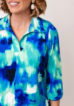 Yew Blurred Print Collar Blouse, Green and Blue