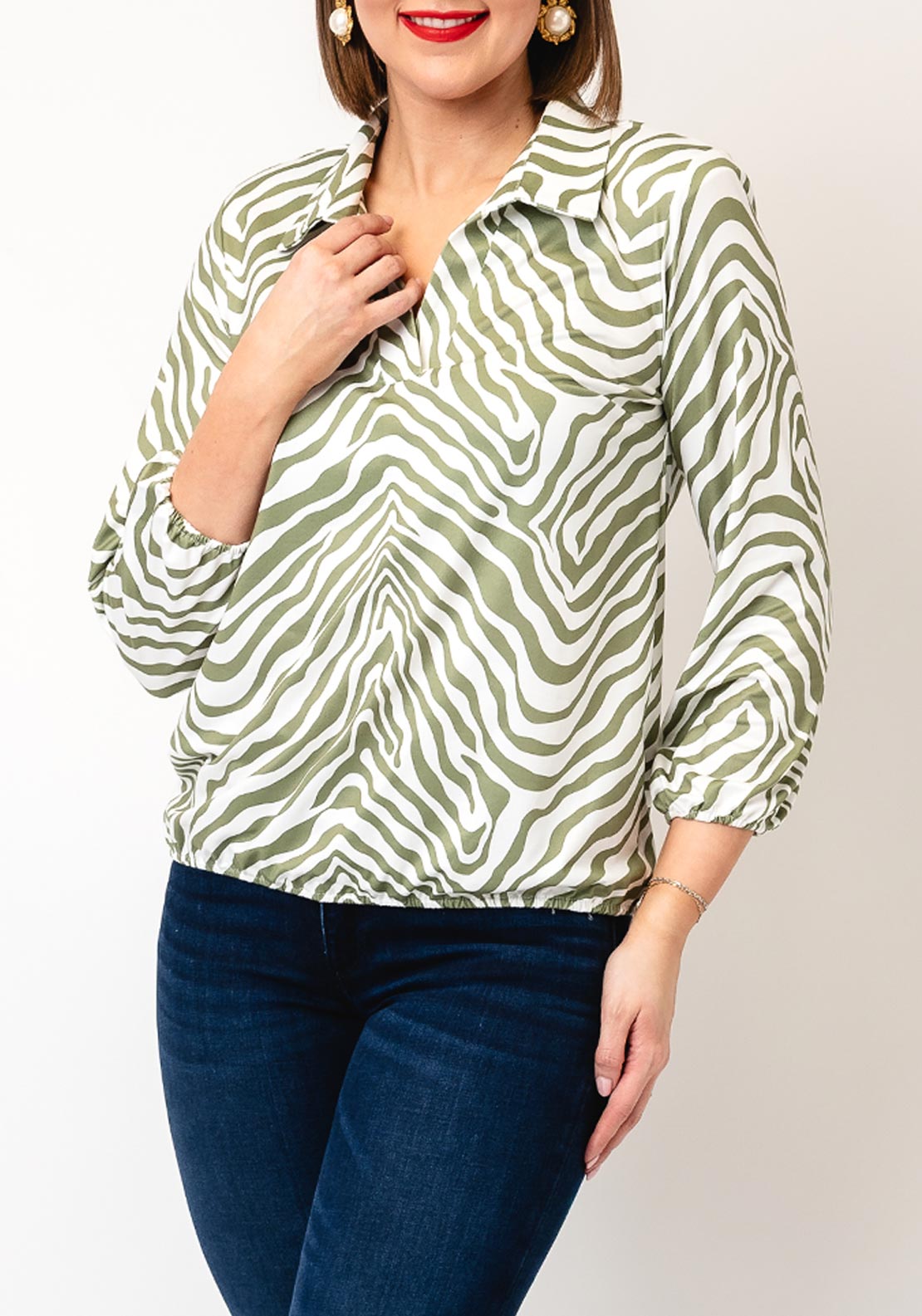 Yew Animal Print Collar Blouse, Green & White
