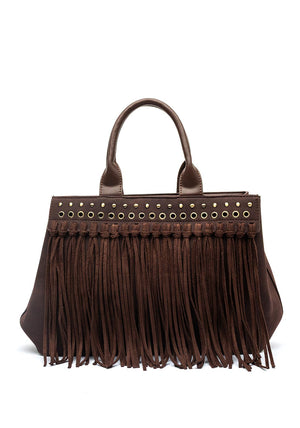 Zen Collection Fringed Detail Grab Bag, Mocha Brown