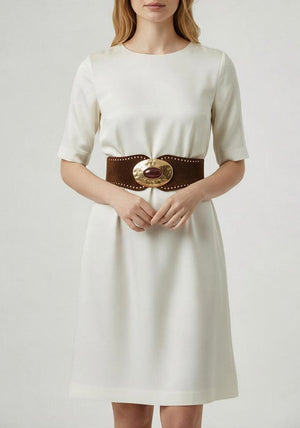 Serafina Collection Suedette Brooch Detail Elasticated Belt, Brown