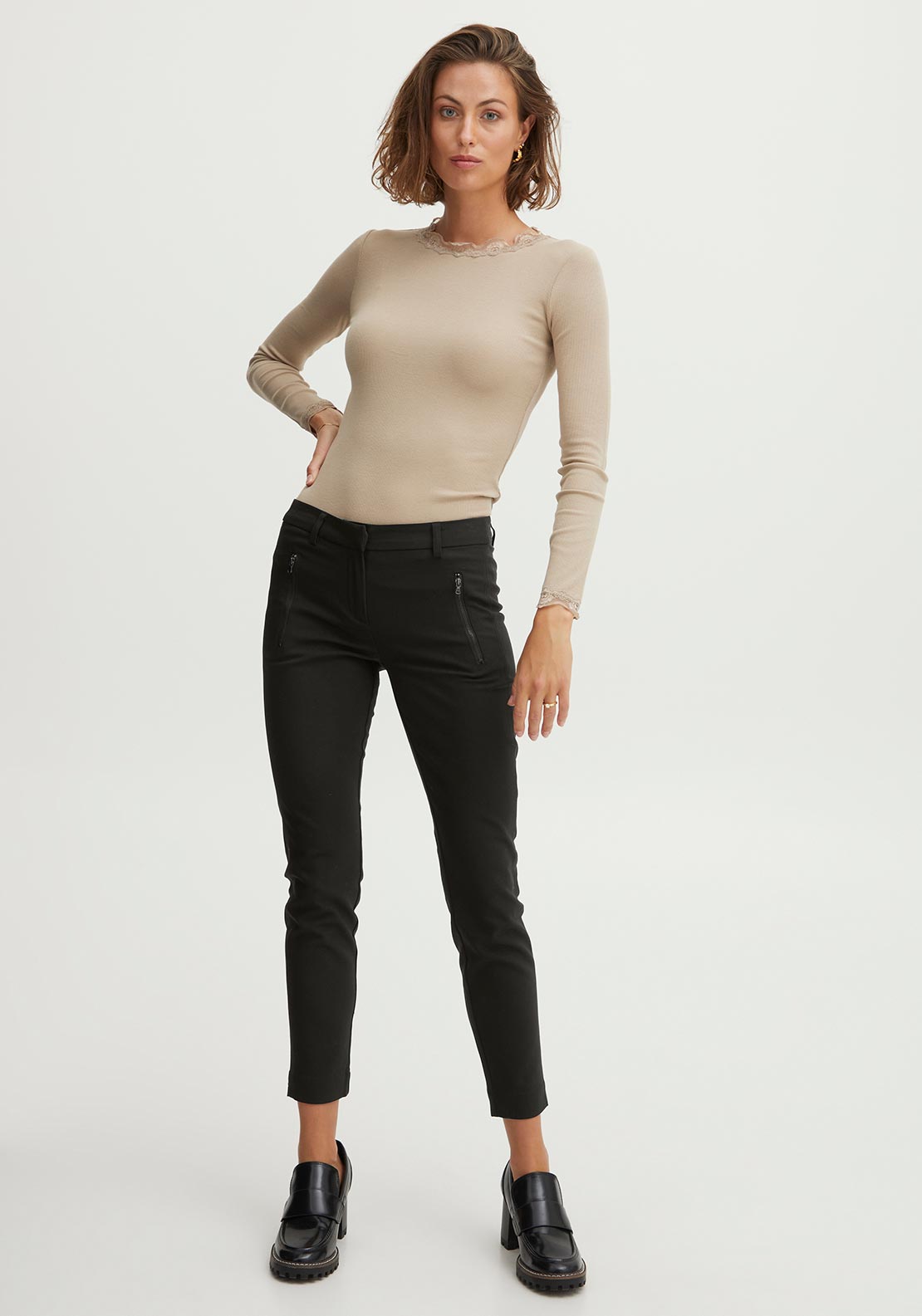 Fransa Slim Leg Cropped Trousers, Black