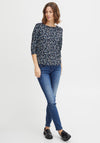 Fransa Three Quarter Sleeve Floral T-Shirt, Navy Blazer