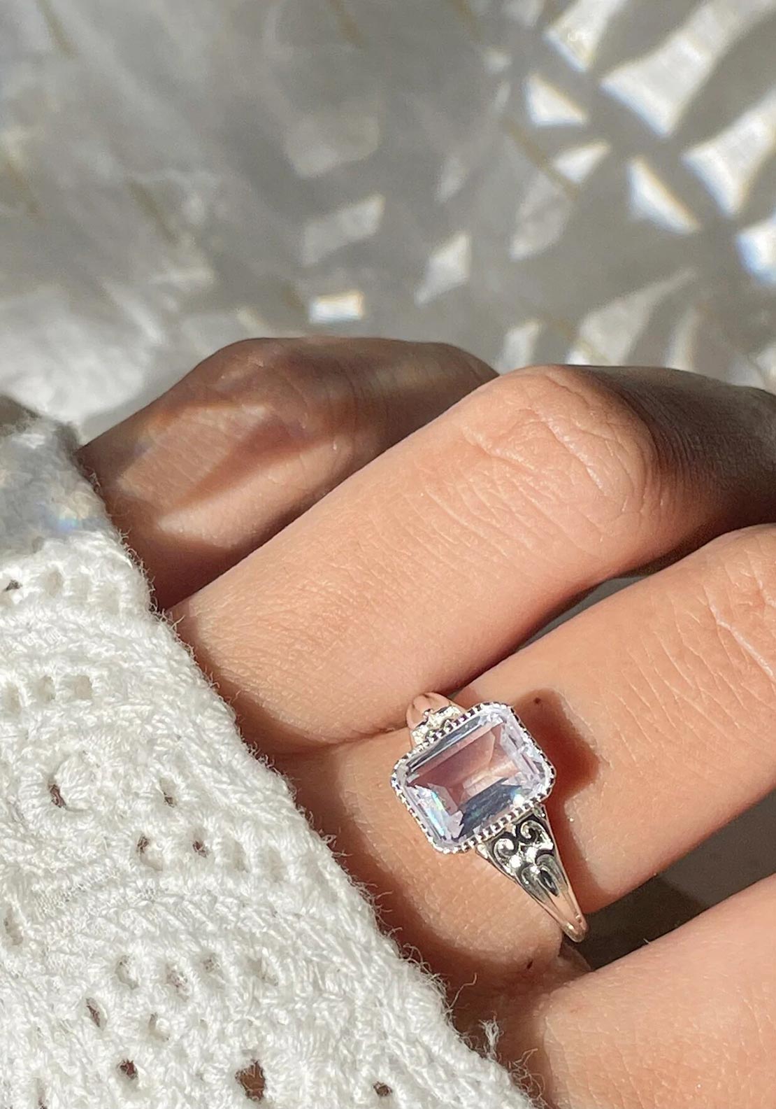 24Kae Lilac Octagon Stone Ring, Silver Size 58