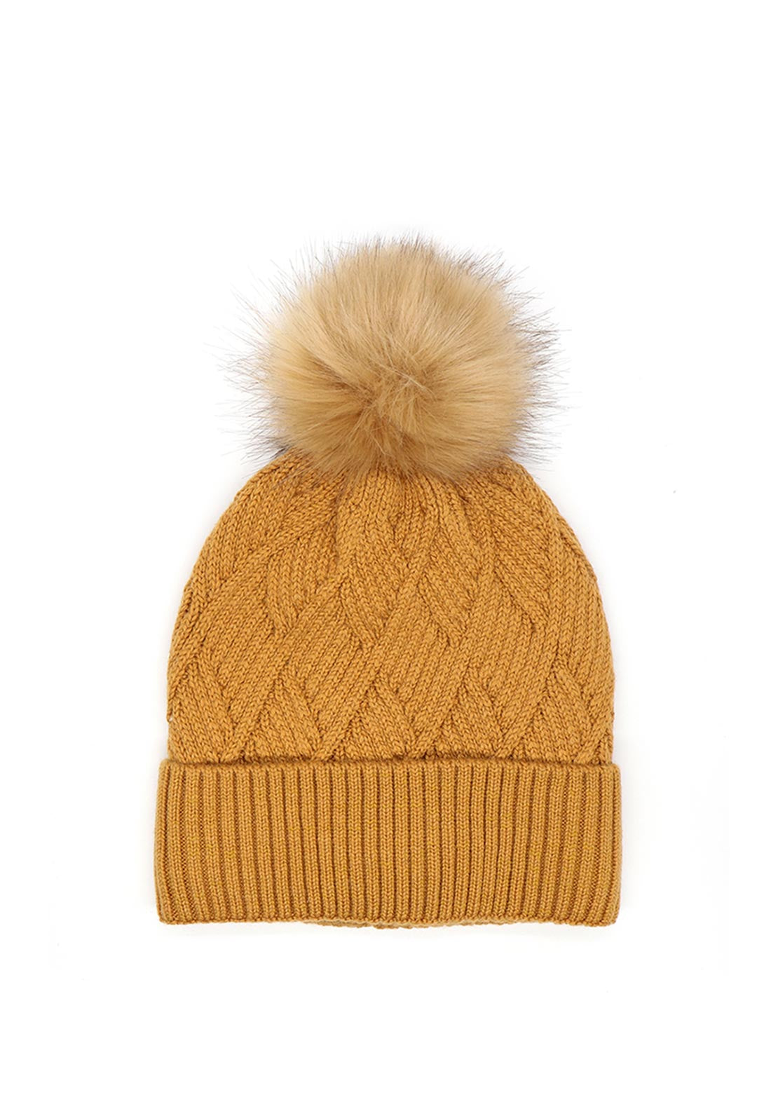 POM Diamond Knit Bobble Hat, Caramel