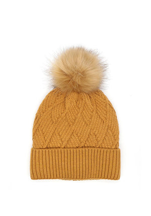 POM Diamond Knit Bobble Hat, Caramel