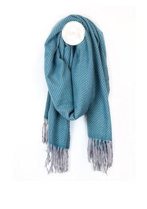 POM Chevron Scarf with Fringe, Teal Blue & Grey