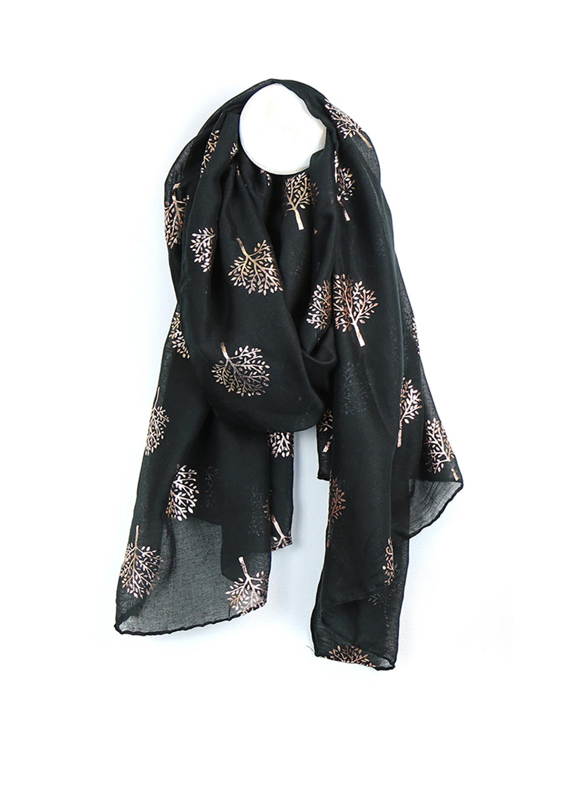POM Rose Gold Tree Pattern Scarf, Black
