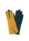 POM Faux Suede Gloves with Button Cuff, Mustard & Teal