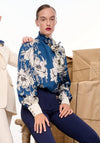 Camelot Floral Pussy Bow Satin Blouse, Blue & Cream