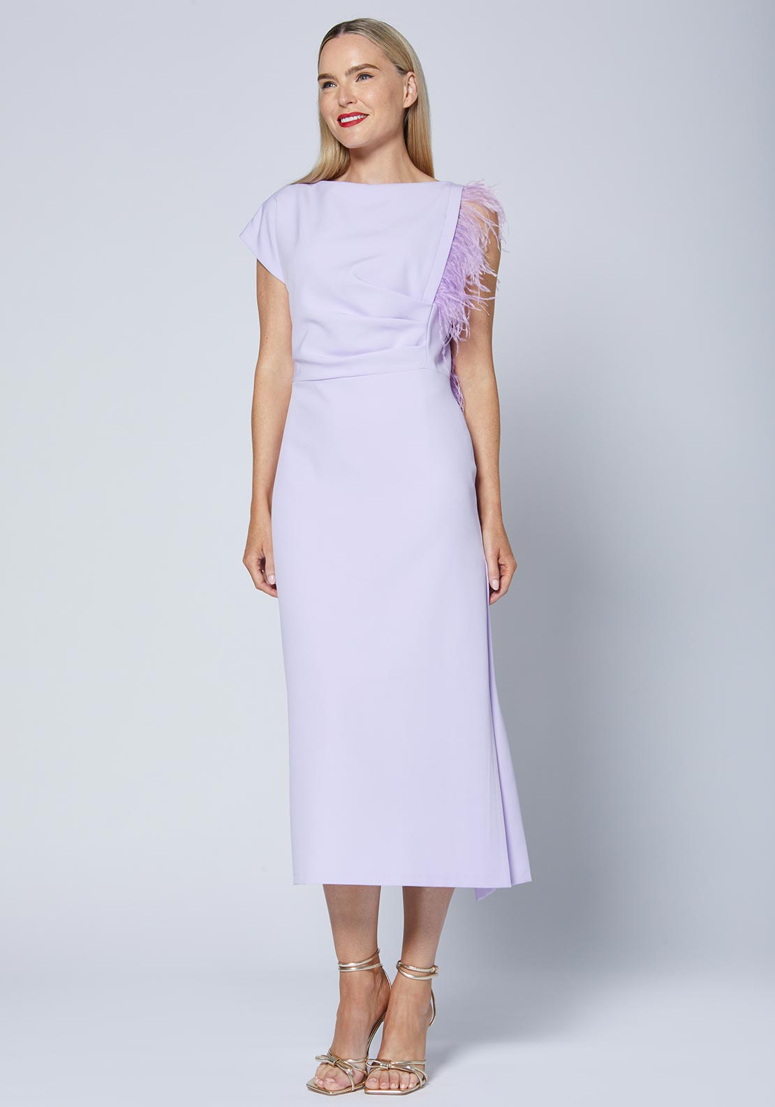 Caroline Kilkenny Trish Feather Shoulder Maxi Dress, Lilac McElhinneys